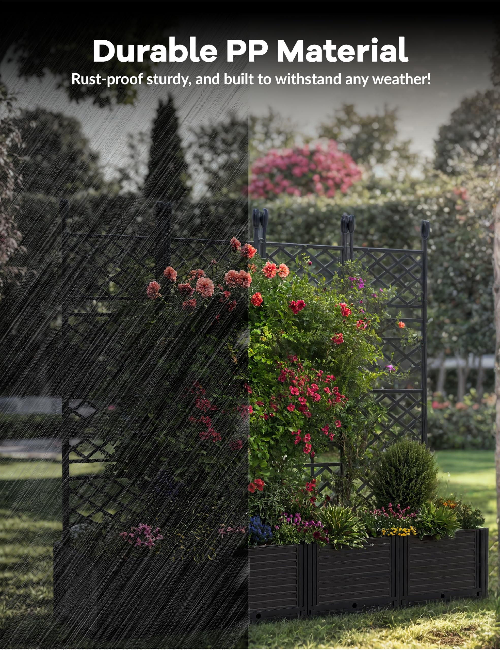 Goldensoil 4-Pack Raised Garden Bed with Trellis,Outdoor Plastic Planter Box for Climbing Plants