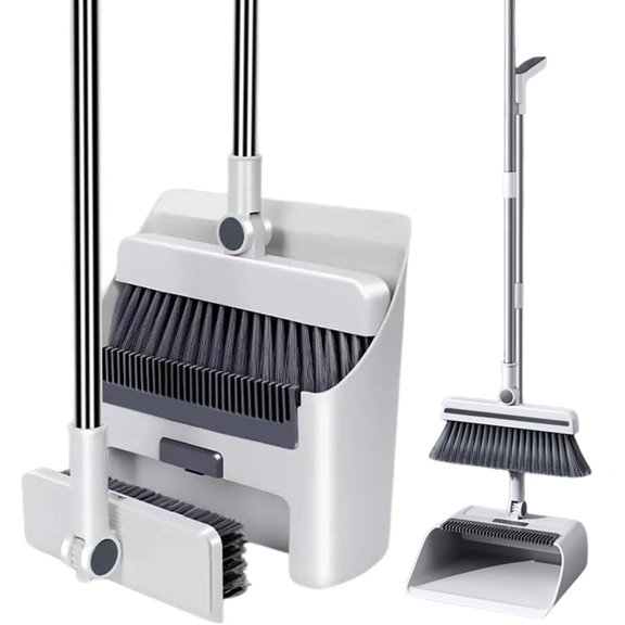 CCWADH Broom and Dustpan Set, Long Handle Broom and Dustpan 3 in 1 Adjustable Broom and Dustpan Set, Ideal for Home Office Kitchen Cleaning, White