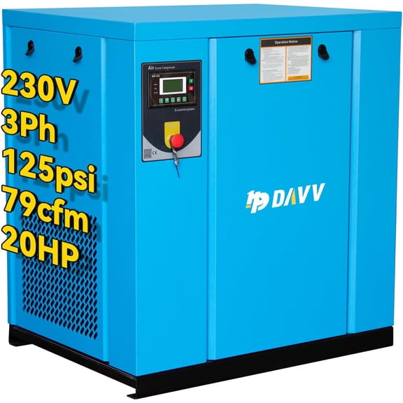 HPDMC 20HP 15KW Industrial Rotary Screw Air Compressor, 81 CFM @ 125 PSI, 230V 3-Phase Stationary Compressed Air System with Intelligent Microprocessor Control