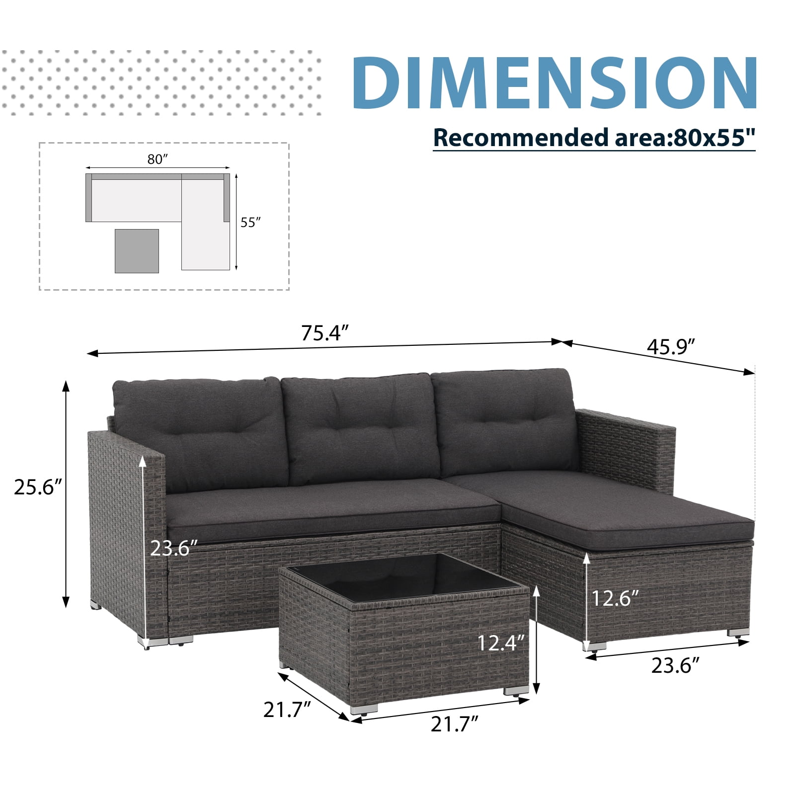 JOIVI 3 Pieces Patio Conversation Set, PE Wicker Rattan Outdoor Furniture Set, 2 Ways Small Sectional Sofa with Cushions, Tempered Glass Coffee Table, Dark Gray