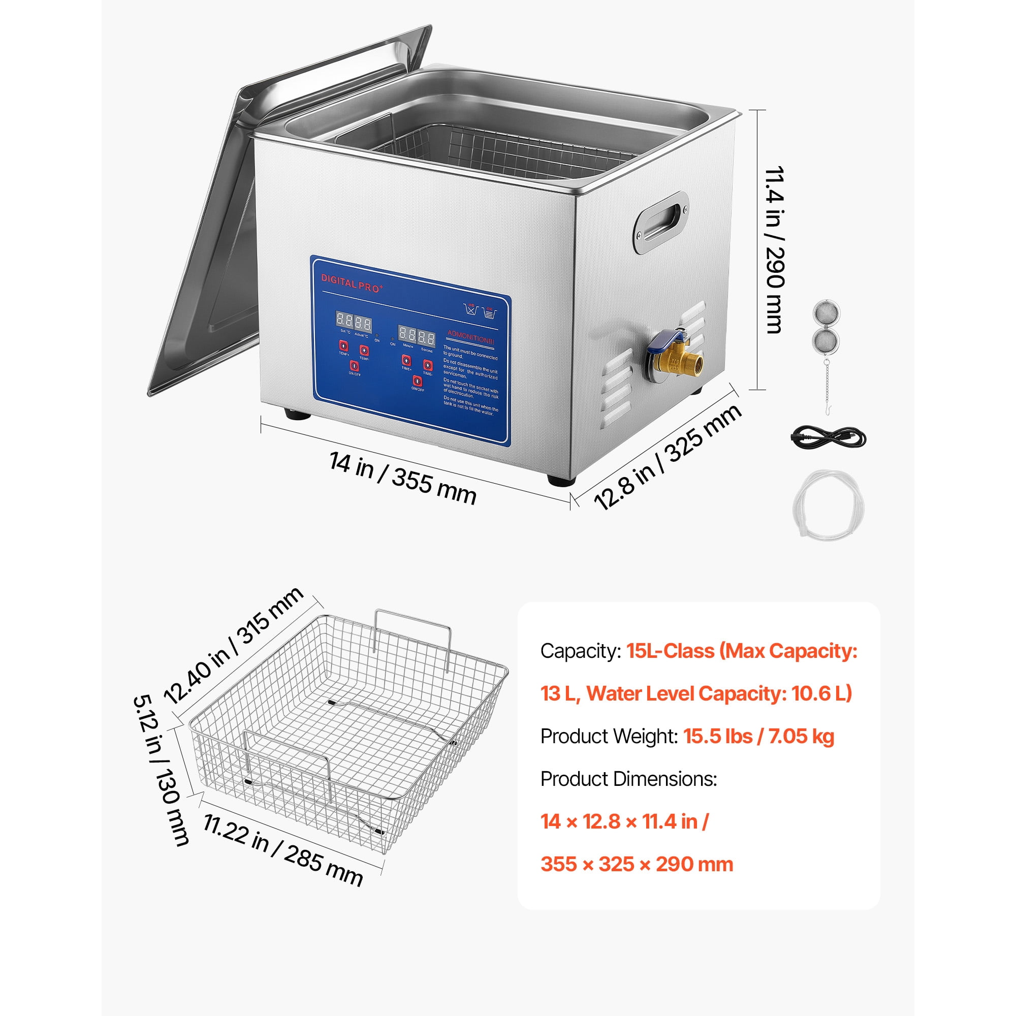 KFFKFF 15L Ultrasonic Cleaner with Digital Controls, 40kHz Frequency, Stainless Steel Cleaning Machine with Basket, Ideal for Auto Parts and Glasses