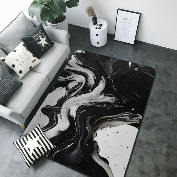 Area Rugs For Living Room Decor - Fluid Black White Paint Swirls Soft Anti Slip Throw Washable Rugs 5x7 For Bedroom, Indoor Carpet For Bedroom Living Room 80x58In