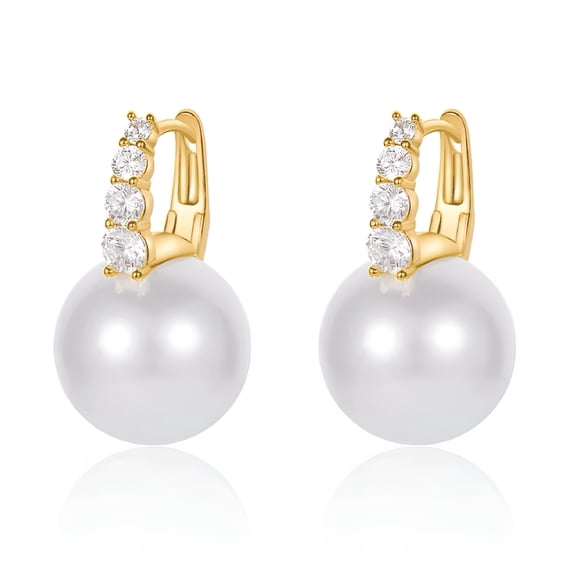 DESIGNICE Big Pearl Hoop Earrings for Women Trendy Cubic Zirconia White Pearl Drop Earrings 18K Gold Plated Shell Pearl Dangle Cz Earring Jewelry for Birthday Anniversary, 12Mm