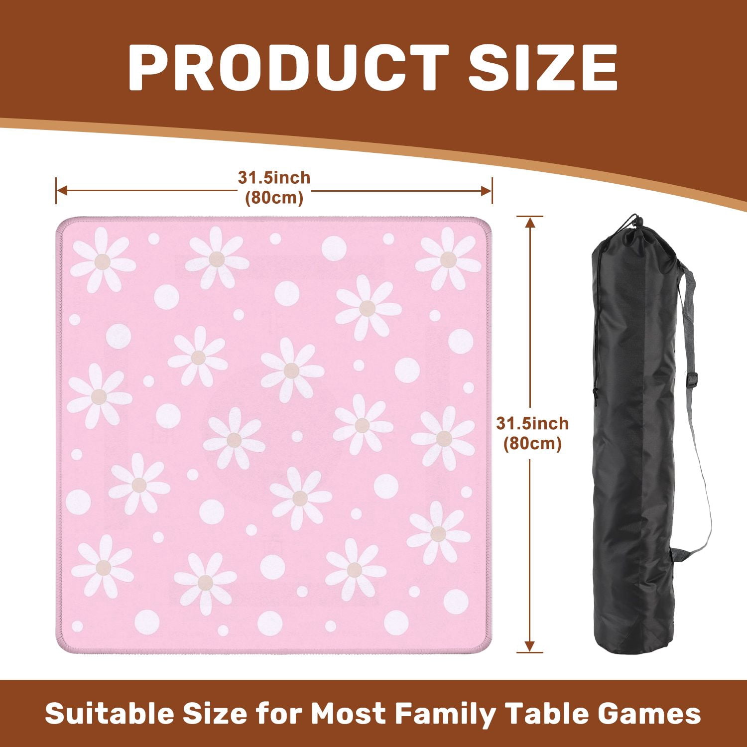 Mahjong Mat 31.5" x 31.5" Pink White Daisy Flowers Polka Dot Non-Slip Noise Reduction American Mahjong Tiles Table Cover for Dominoes Poker Card Board Games Gift