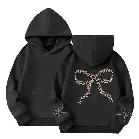 Girls Cute Bow Graphic Hoodies, Long Sleeve Preppy Pullover Sweatshirts, Soft Warm Casual Tops for Kids 2-14Y Fall Winter Daily Wear, Black 100