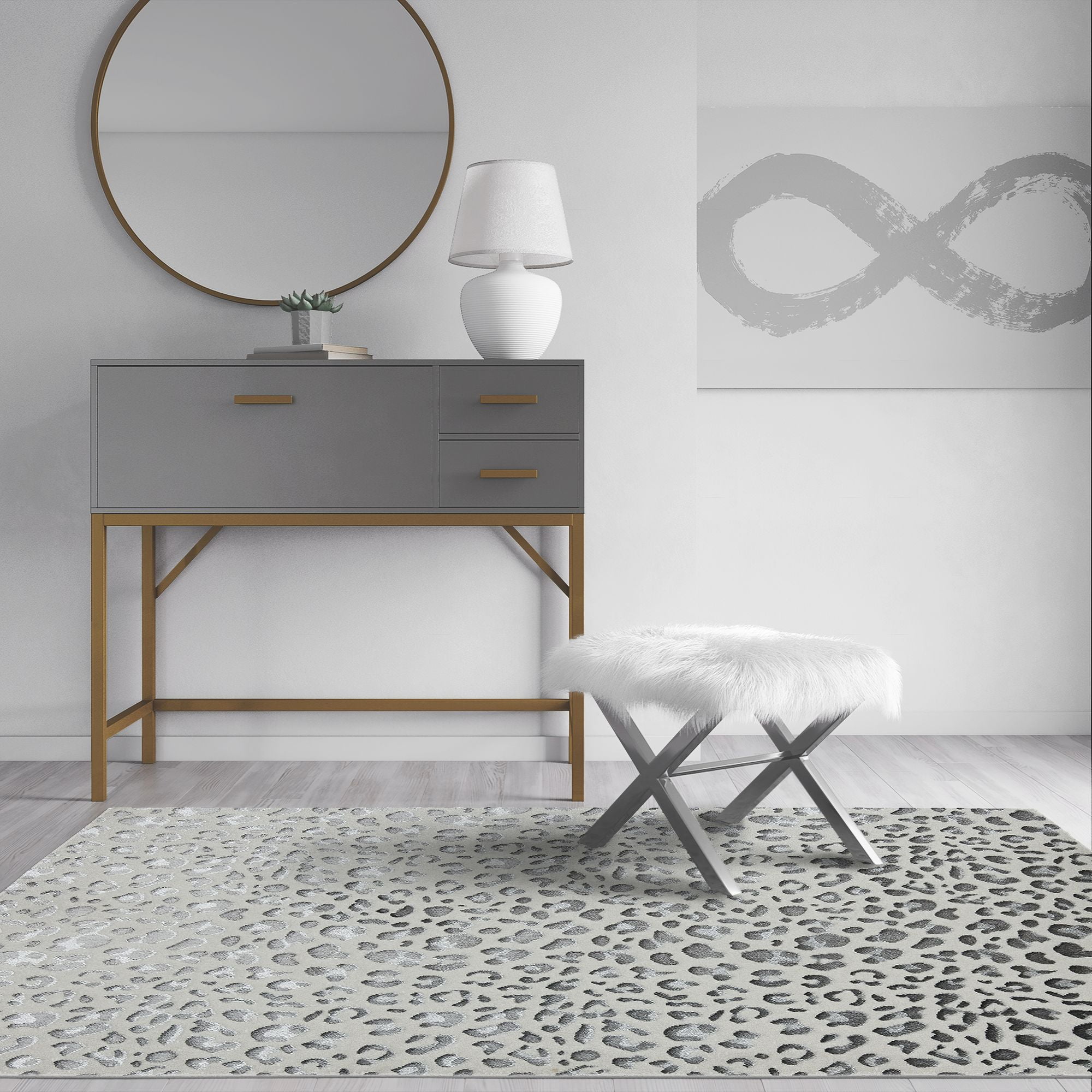 Rugs America Natura HZ50A Snow Leopard Animal Contemporary White Area Rug, 9'x12'