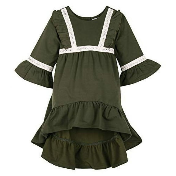 ContiKids Girls Ruffle Bell Sleeve Dress Toddler Hi Low Cotton Long Sleeve Dress with Waist Band 6 Green