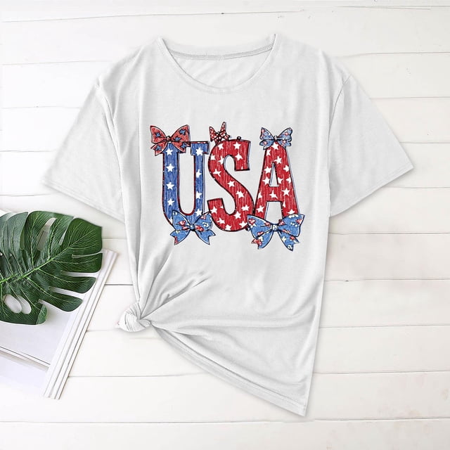 Simua T-Shirts d'Été Décontractés pour Femmes Motif USA Classique Col Rond Manches Courtes Coupe Ample
