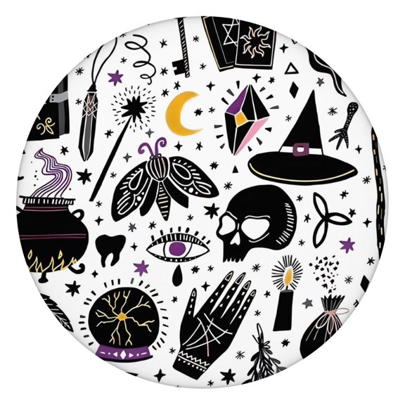 Black Halloween Witchcraft Elements Round Fitted Tablecloth with Elastic Edge,Dining Table Cover Waterproof,Outdoor Round Tablecloth for Camping,Dining,Indoor and Outdoor