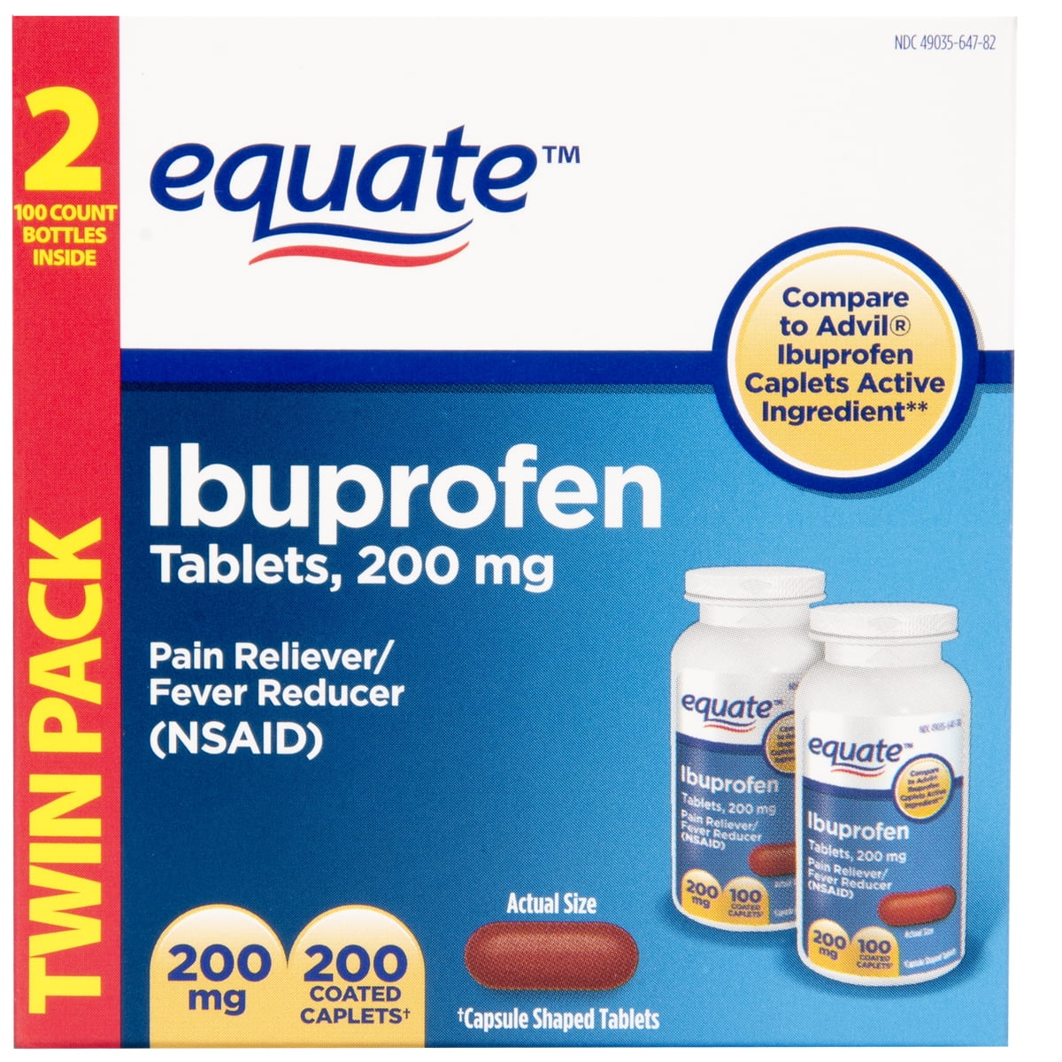 Equate Pain Relief Ibuprofen Coated Caplets, 200 mg, 100 Ct, 2 Pk