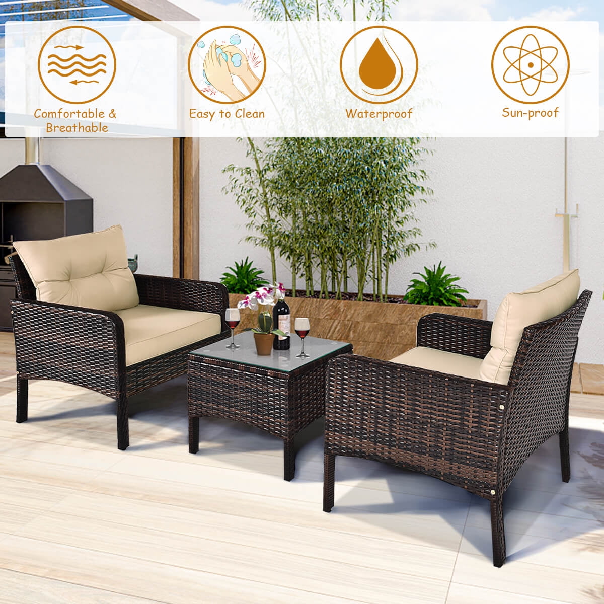 Costway 3 PCS Patio PE Wicker Furniture Set with Cushions and Tempered Glass Coffee Table Brown