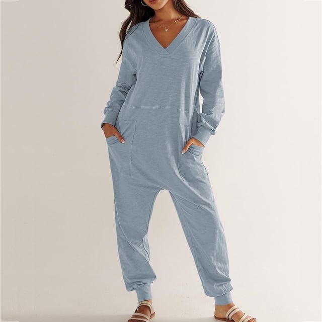 LSLJS Combinaison Décontractée Ample Unie à la Mode pour Femme, Combinaison à Manches Longues à Col en V, Pyjama Décontracté avec Poche