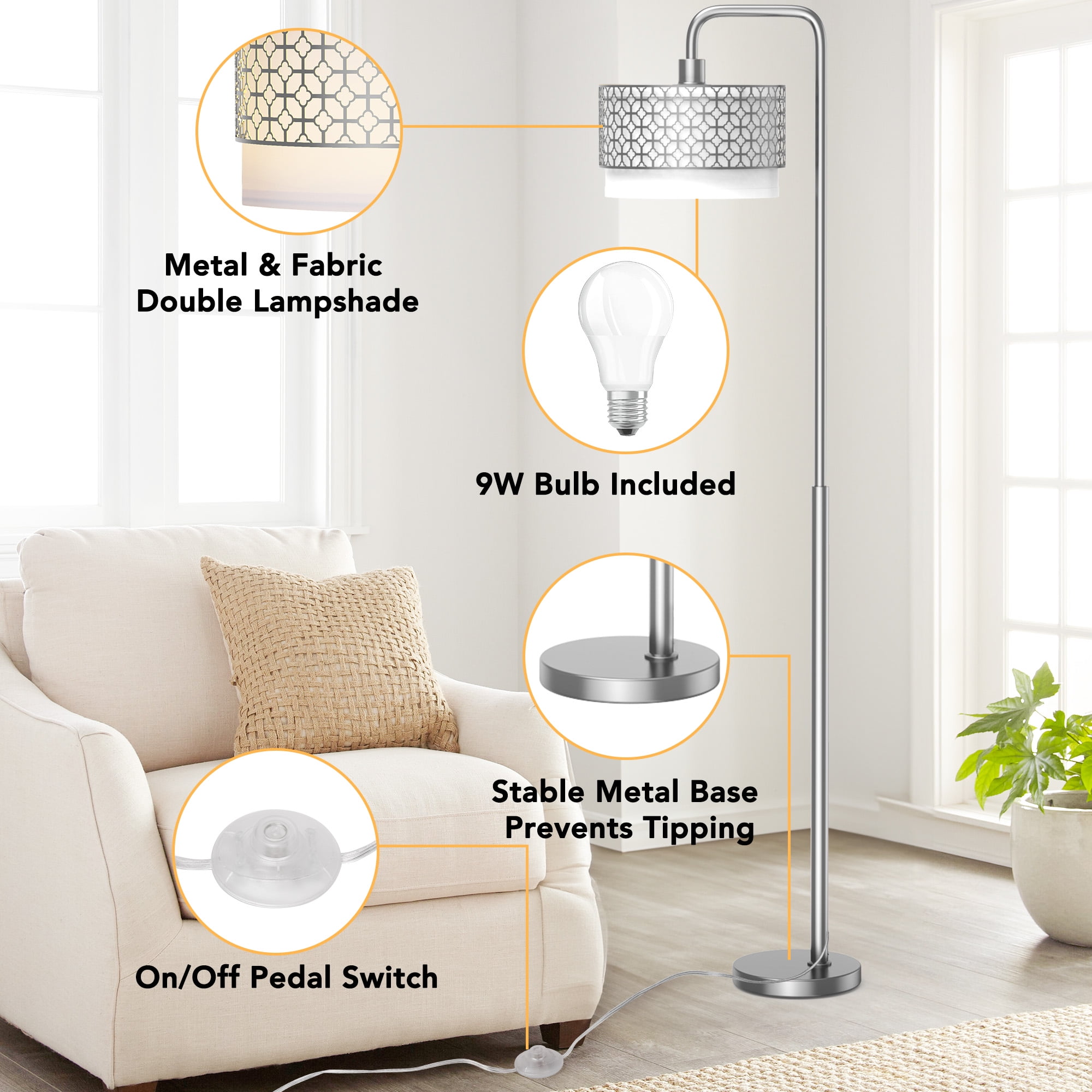 Metal Modern Standing Lamp, Silver Floor Lamp for Living Room Bedroom, Study Room, Office