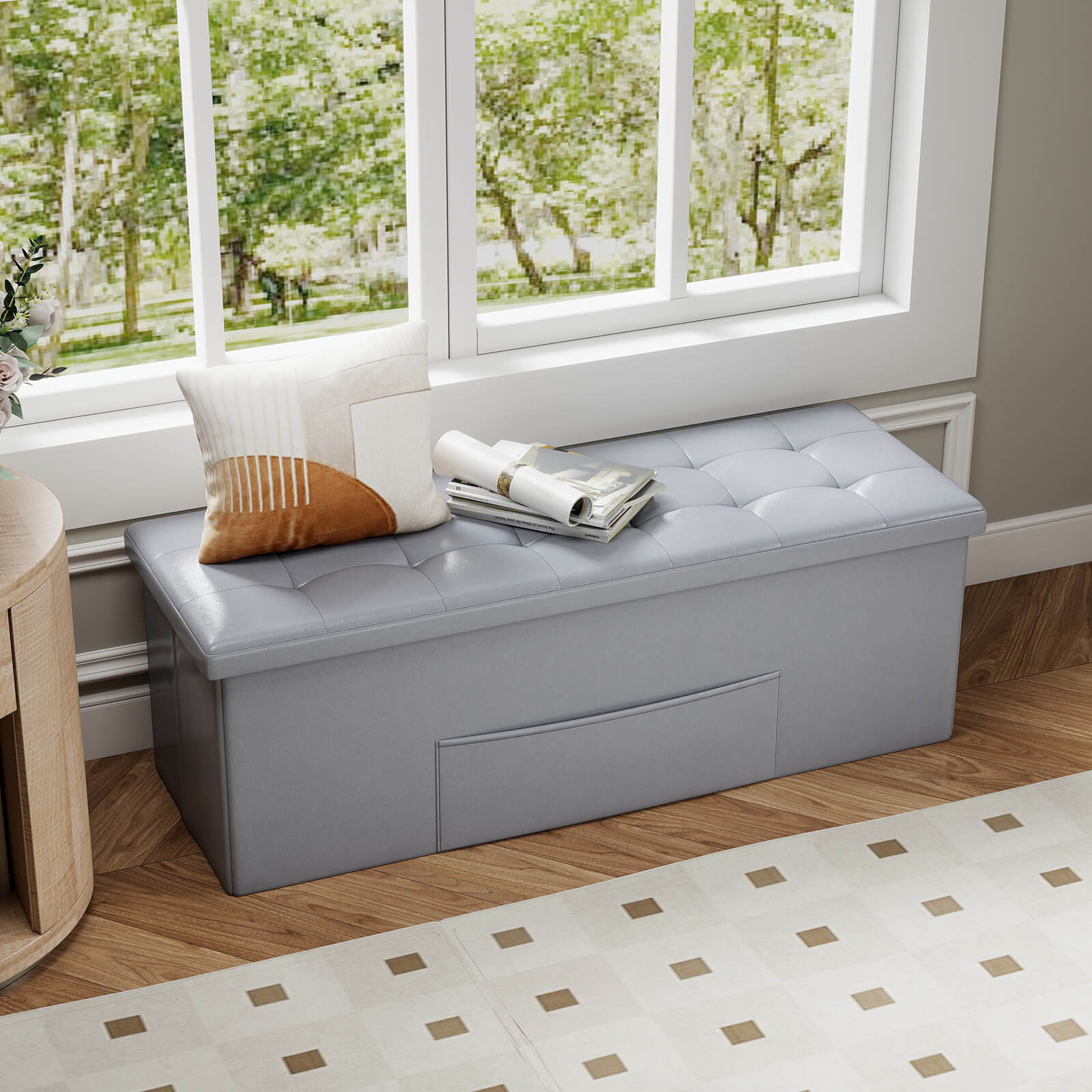 Costway 43 Inches Folding Storage Ottoman Bench with Side Pocket Storage Chest Dark Gray