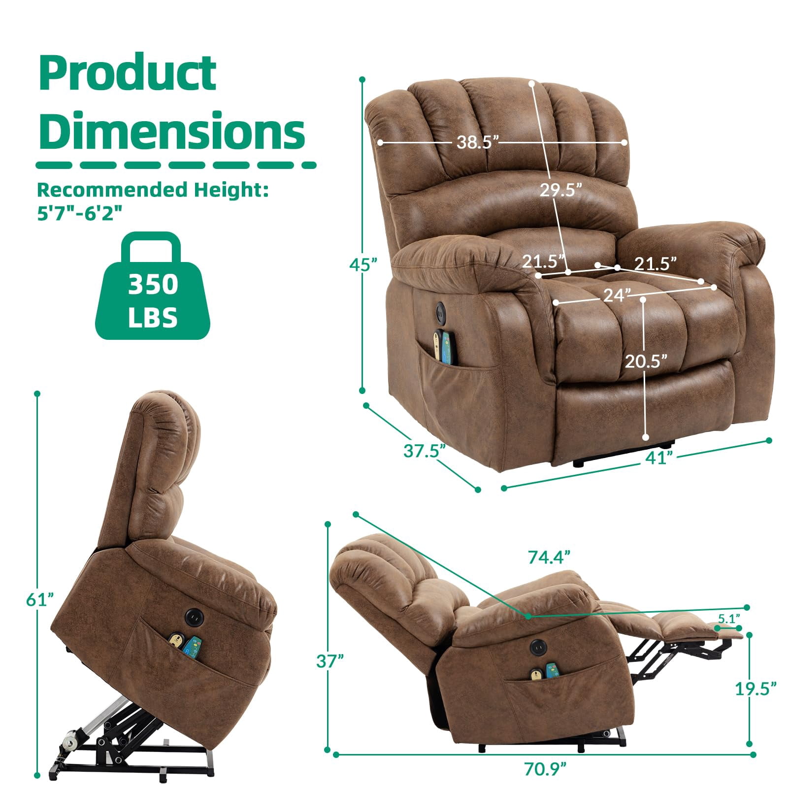 VIVIJASON Tall Man Large Power Lift Recliner Chair with Extended Footrest for Elderly, Overstuffed Wide Electric Lift Chair with Heat & Massage, 2 Remote Controls, Side Pockets & USB Ports, Brown