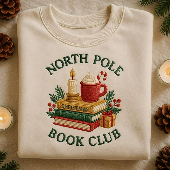 North Pole Book Club Embroidered Sweatshirt, Cozy Christmas Reading Shirt, Holiday Book Lover Gift, Candle Cocoa Crewneck, Xmas Tee
