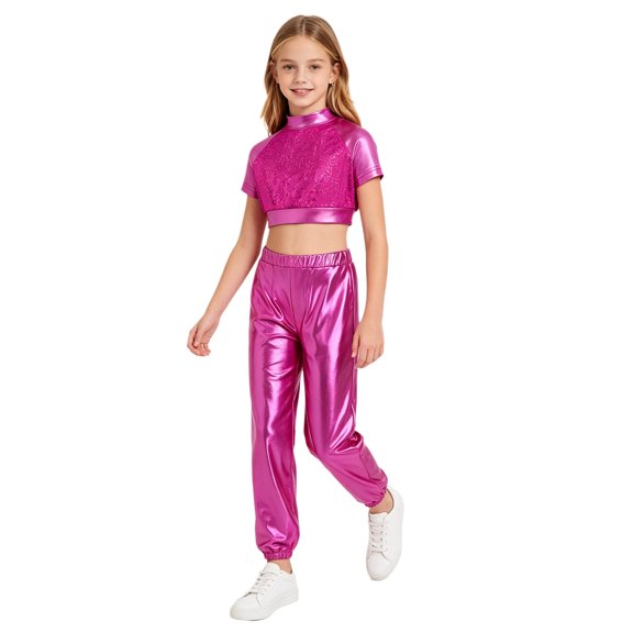 Aiihoo Kids Modern Jazz Dance Party Sets Girls Short Sleeve Metallic Shiny T-shirt Crop Tops with Pants Outfits Hot Pink 12