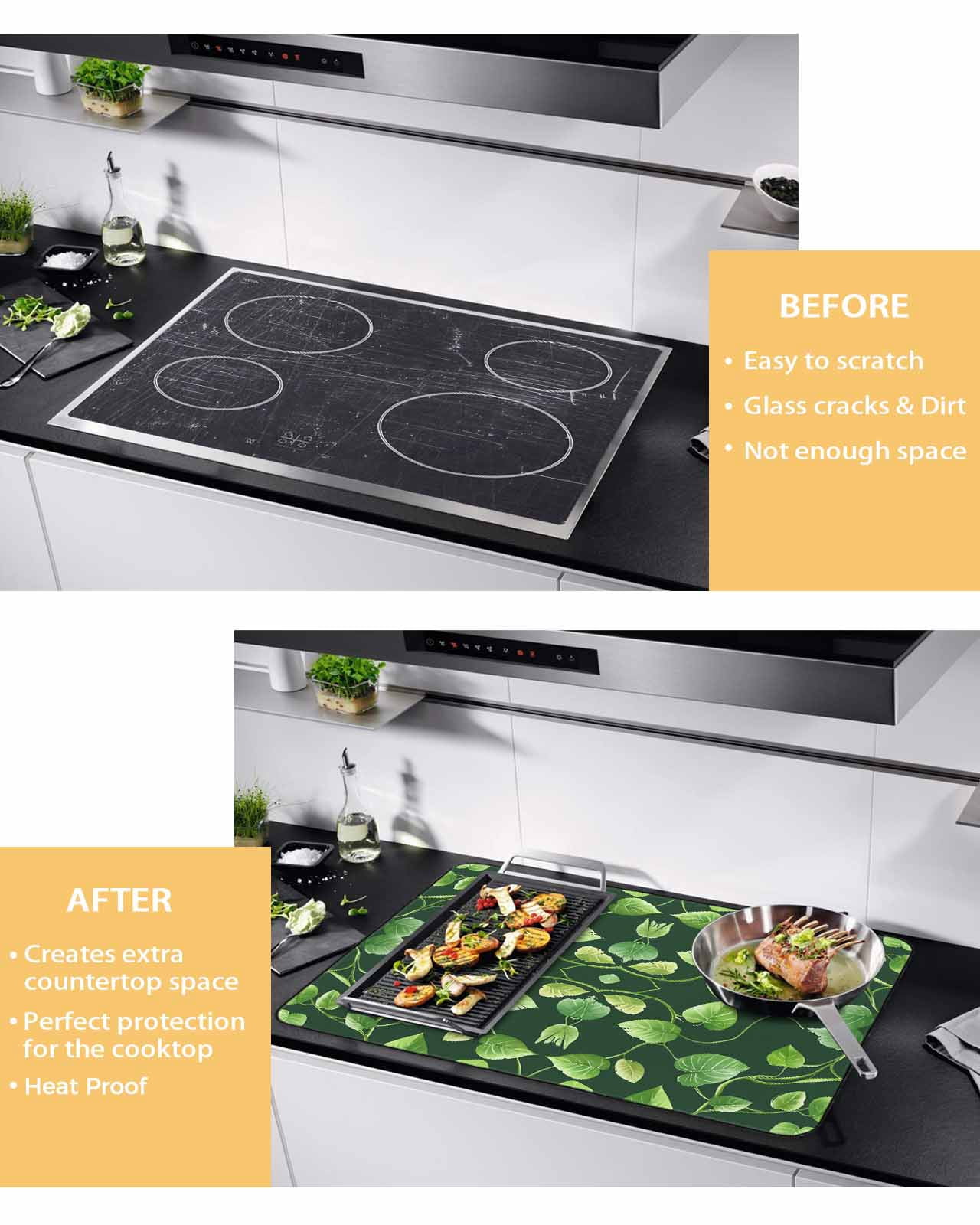 nqOlkjepod Large Induction Cooktop Protector Mat 24"x21", Green Leaves Stove Top Covers for Electric Stove, Retro Botanical Garden Pastoral Plants Stove Burner Cover Mats, Glass Top Stove Cover