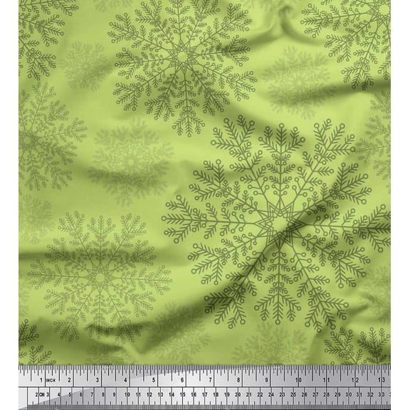Soimoi Green Silk Fabric Snow Flakes Floral Printed Fabric 1 Yard 42 Inch Wide