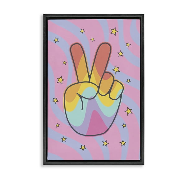 Stupell Industries Groovy Peace with Patterns Abstract Painting Black Floater Framed Canvas Art Print Wall Art, 17 x 25