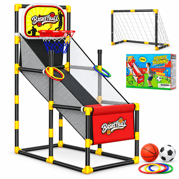 HXFOU Arcade Basketball Hoop Game for Kids with Ball Return, 3-in-1 Sports Indoor Outdoor Set Toys for Ages 4-12