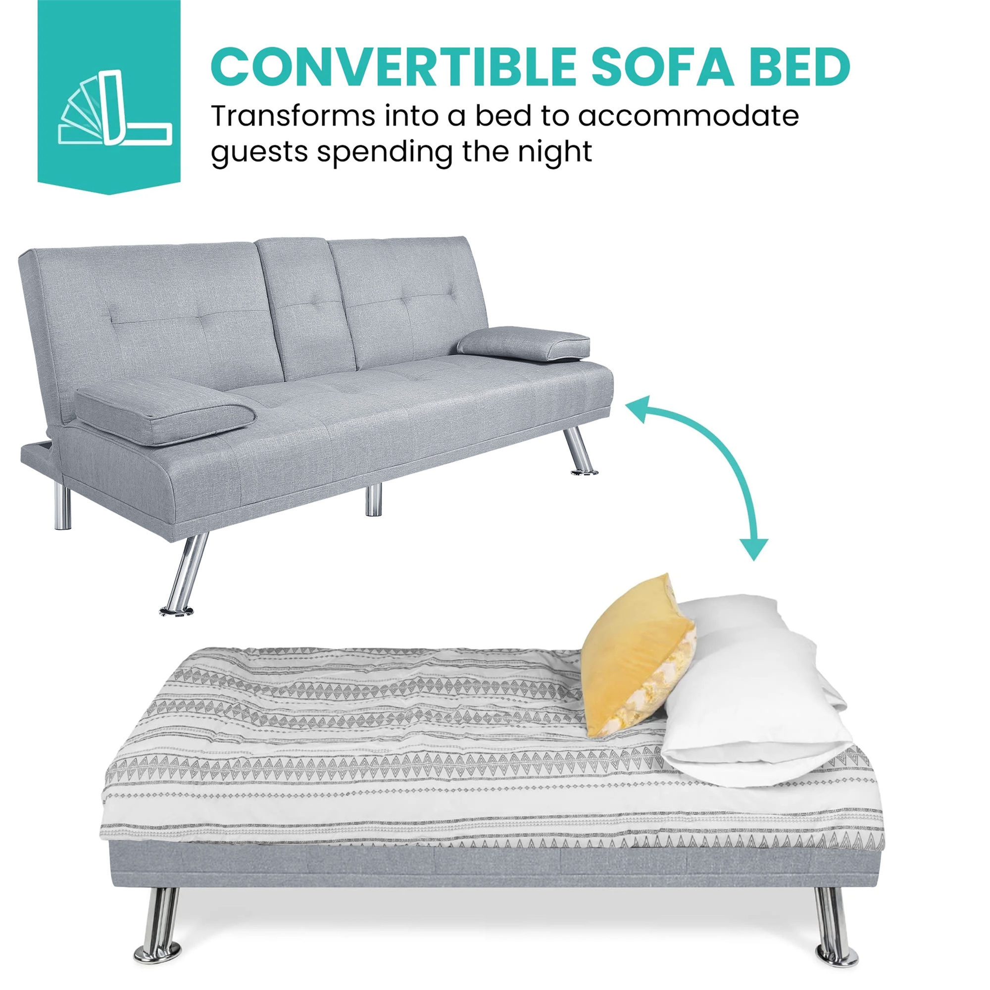 Aukfa Tufted Futon Convertible Sofa Bed for Home Office, 2 Cup Holders, Linen, Light Gray