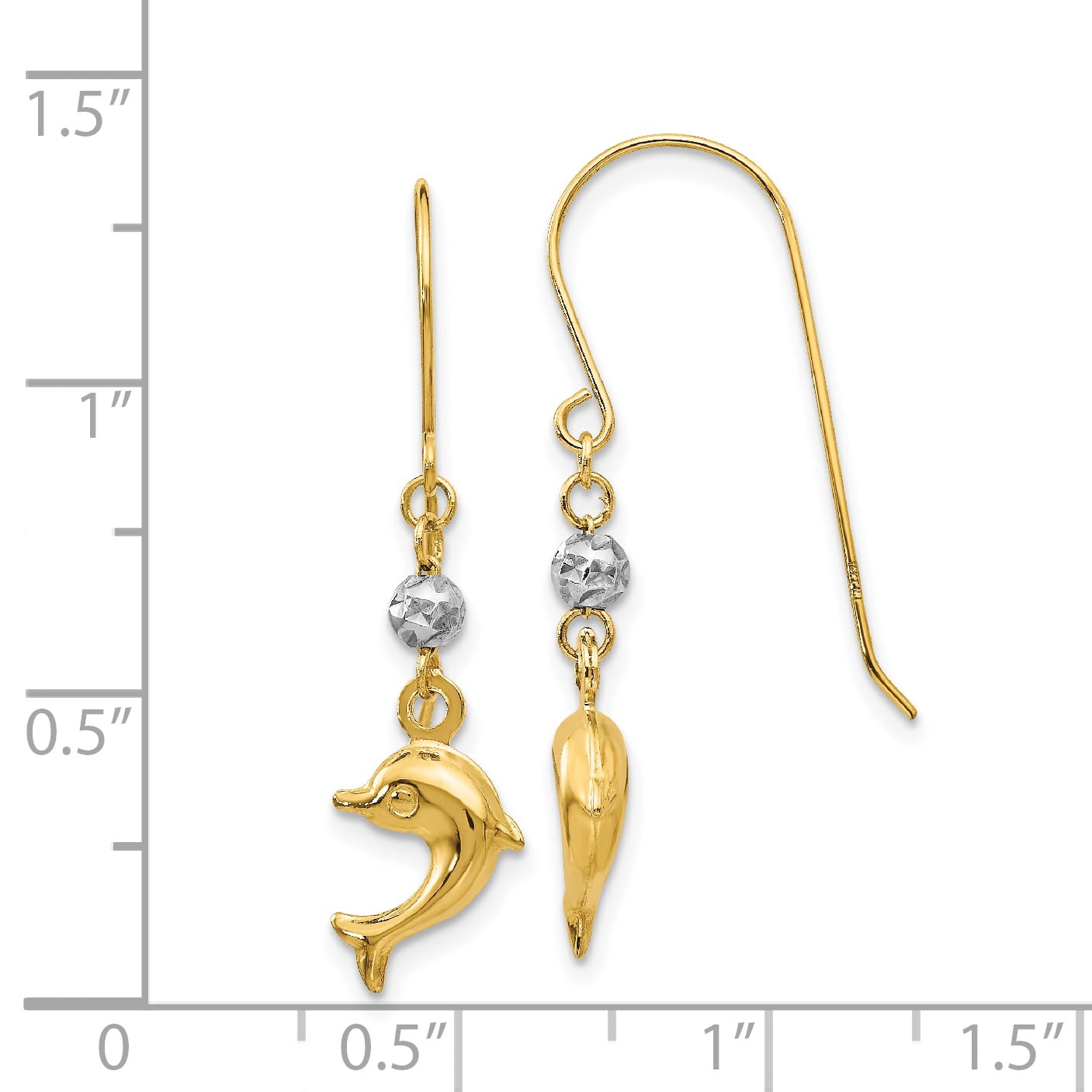 Primal Gold 14K Two Tone Gold Puffed Dolphin Shepherd Hook Earrings