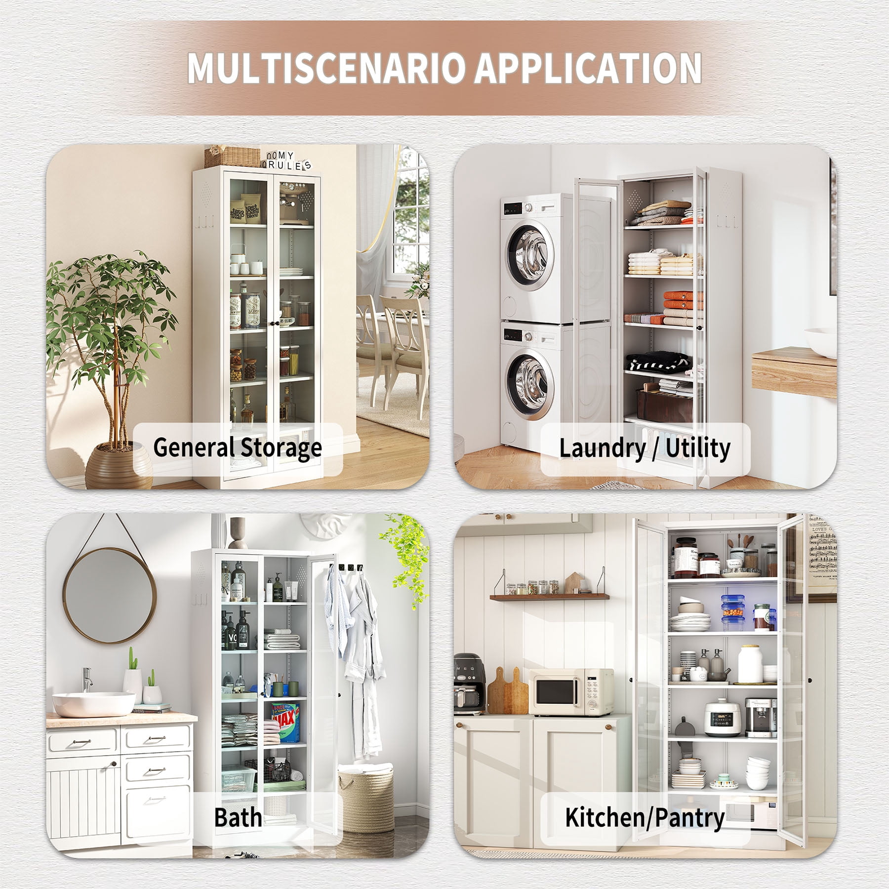 S-HOME Freestanding Metal Pantry Cabinet – White 72 Inch Tall Design with 5 Adjustable Shelves for Kitchen and Bathroom Storage
