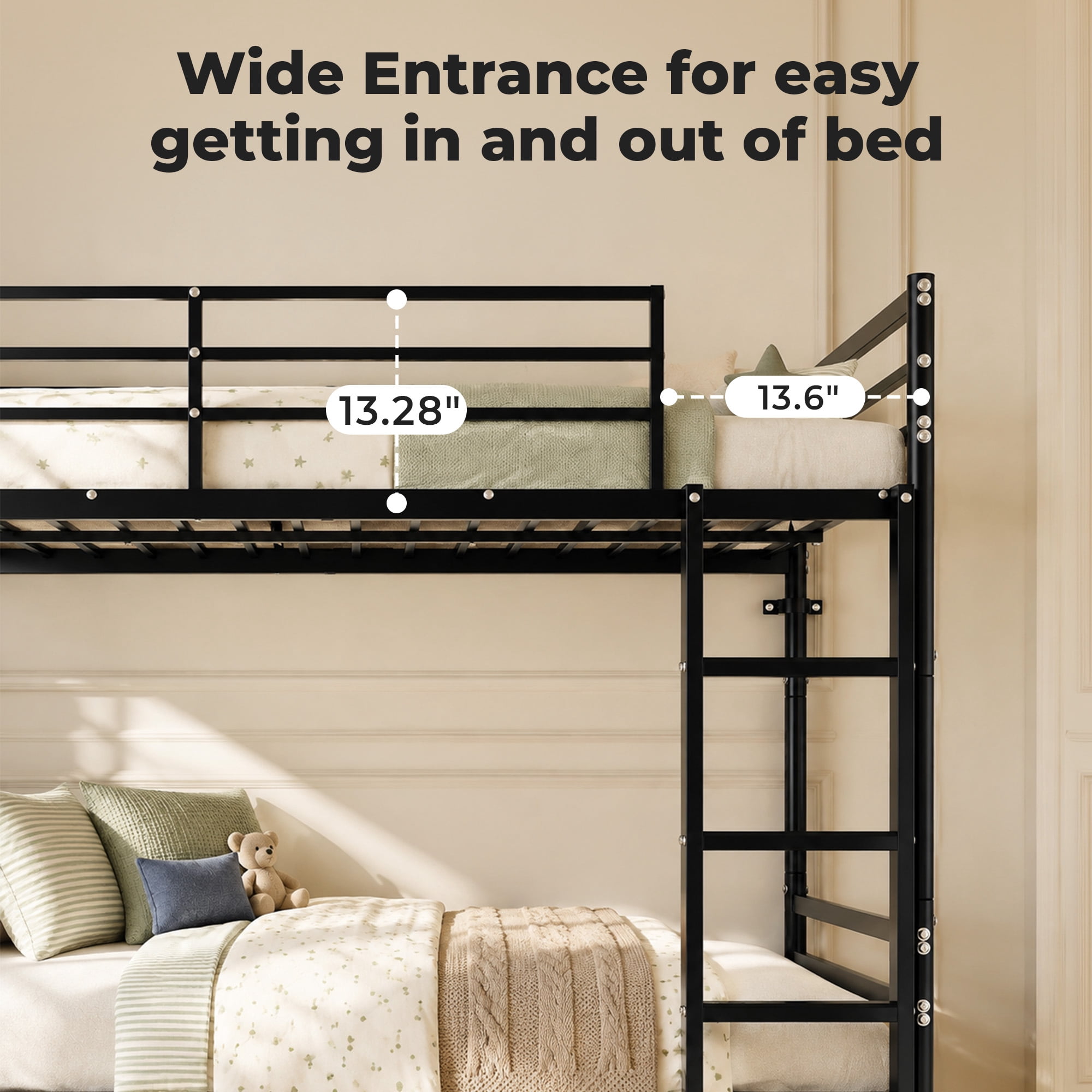 Alvantor Bunk Bed Twin over Twin, Metal Bunk Bed for Kids with Stairs and Guardrail, Converted Into 2 Twin Bed Black