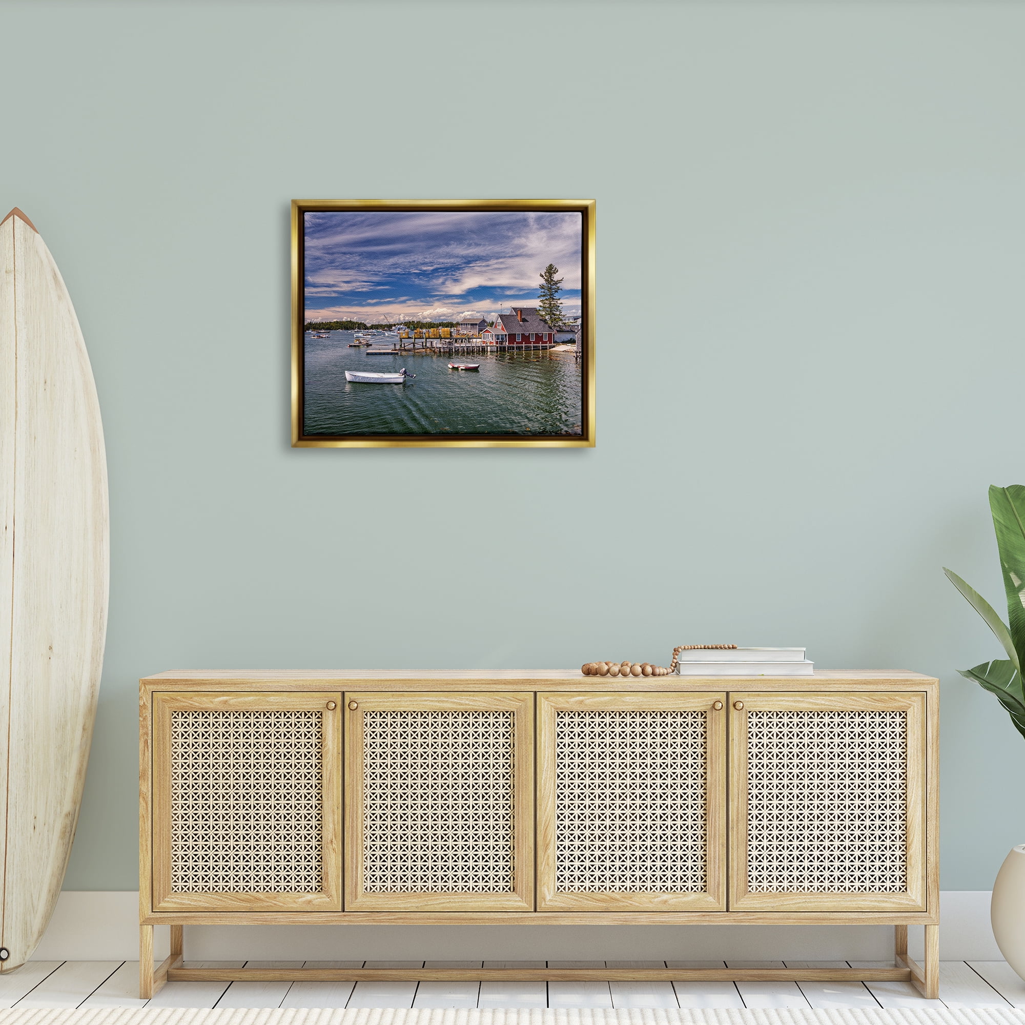 Stupell Seaside Marina Boat Harbor Landscape Photography Gold Floater Framed Art Print Wall Art