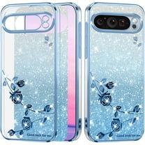 for Google Pixel 9 Case Clear Glitter Shiny Aesthetic Google Pixel 9 Phone Case Silicone Soft Floral Transparent Shockproof Cover Purple Slim for Women (Blue)