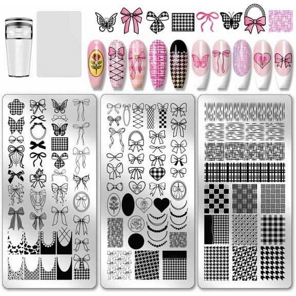 3pcs Bowknot Nail Stamping Plate Sweet Butterfly Flower Nail Art Templates DIY Plaid Image Stamping Plates Tool Stencils