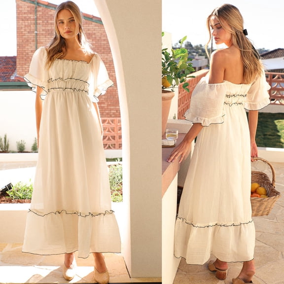 2026 New Women's Square Neck Puff Sleeve Maxi Dress, Contrast Ruffle Trim Flowy Long Dress