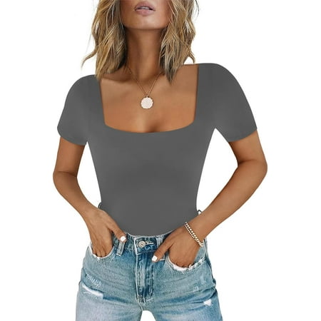 Women s Sexy Square Neck Short Sleeve Bodysuit Tops Double Lined Thong Bodysuit