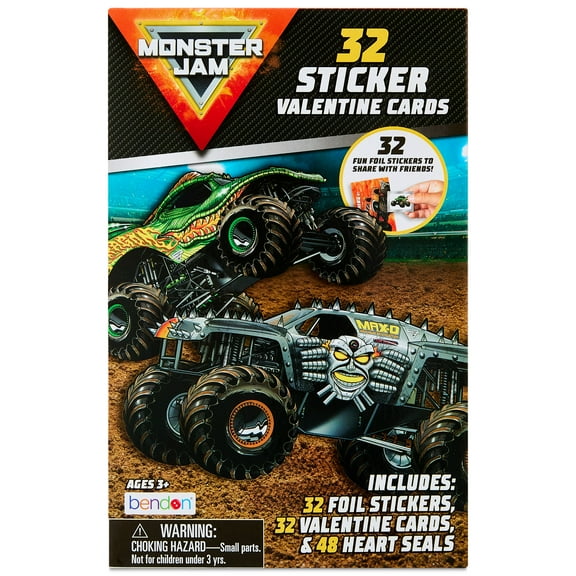 Monster Jam Valentine’s Day Cards, 32 Classroom Exchange Greeting Cards with Stickers for Kids