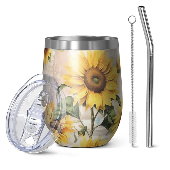 12oz Stemless Wine Tumblers White Green Leaf Butterfly Newspaper Sunflower Vacuum Insulated Stainless Steel Travel Tumbler Cups Mug with Lid and Straw for Champaign,Cocktail,Beer with Cleaning Brush