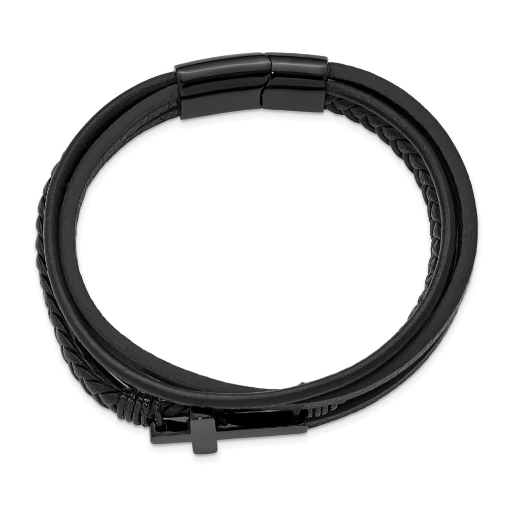 Diamond2Deal Stainless Steel Black IP-Plated Cross Black Polyurethane and Leather Multi Strand Bracelet for Men 8.75"
