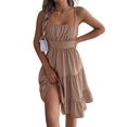 thumbnail image 2 of Women's Square Neck Spaghetti Strap Tiered High Waist Flowy Casual Mini Dress Khaki S, 2 of 10