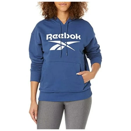 REEBOK Womens Blue Pocketed Drawstring Sweatshirt Ribbed Tri Logo Graphic Long Sleeve Hoodie Top S