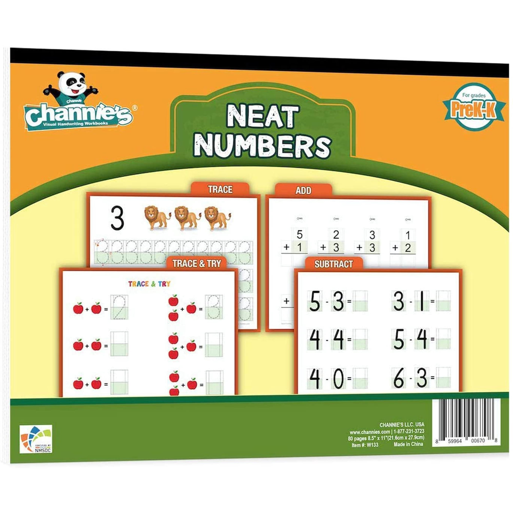 Channie's Neat Numbers Visual Math Workbook 80 Pages 11x8.5 inch Pre-K- K