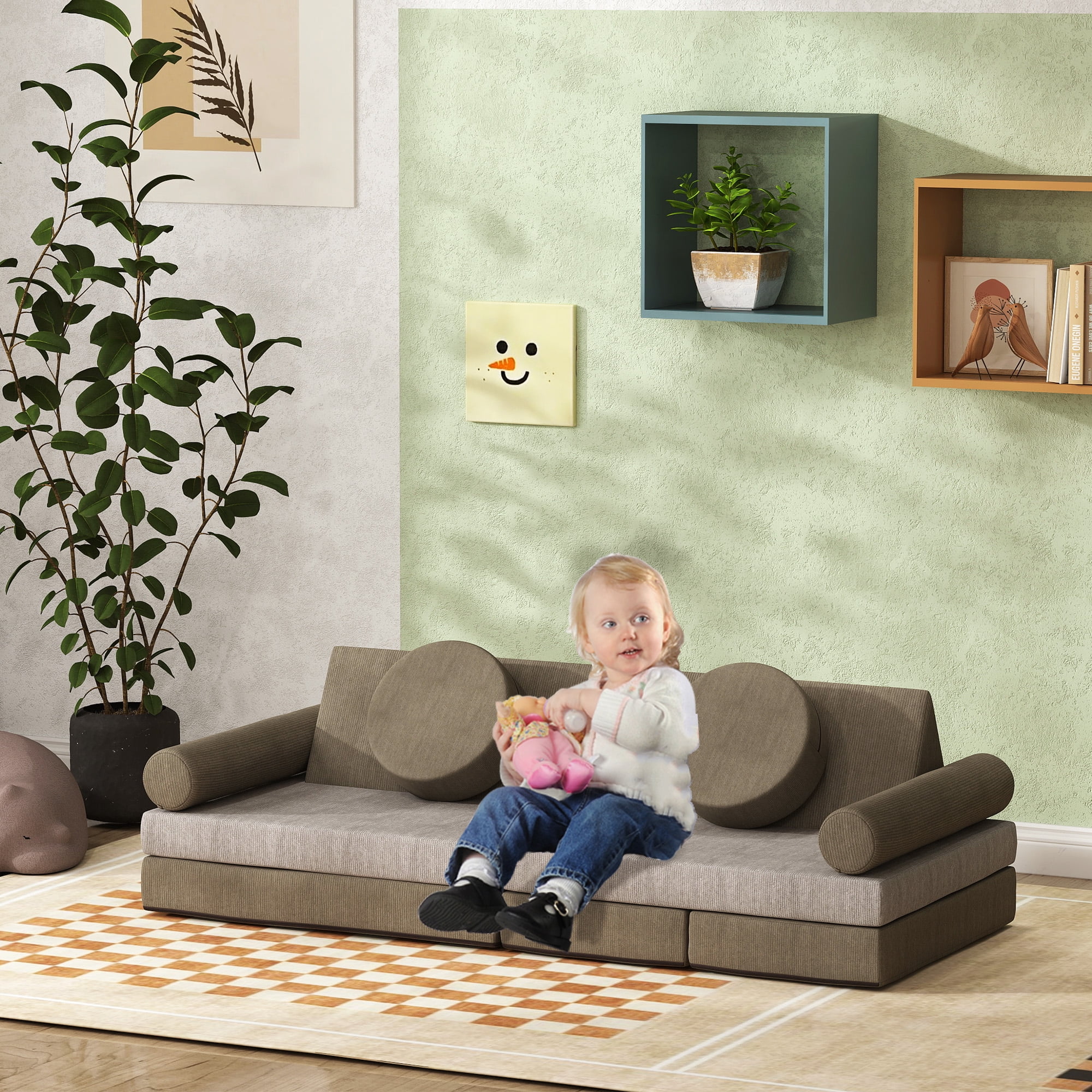 Soft Play Mat Qaba Modular Kids Play Couch, 12 Piece Kids Couch for Playroom Bedroom, Convertible Sofa Lounger for Boys & Girls, Khaki,Toddler Play Mat