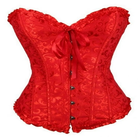 Women s Lace Up Boned Overbust Corset Bustier Lingerie Bodyshaper Top Princess corset - Red