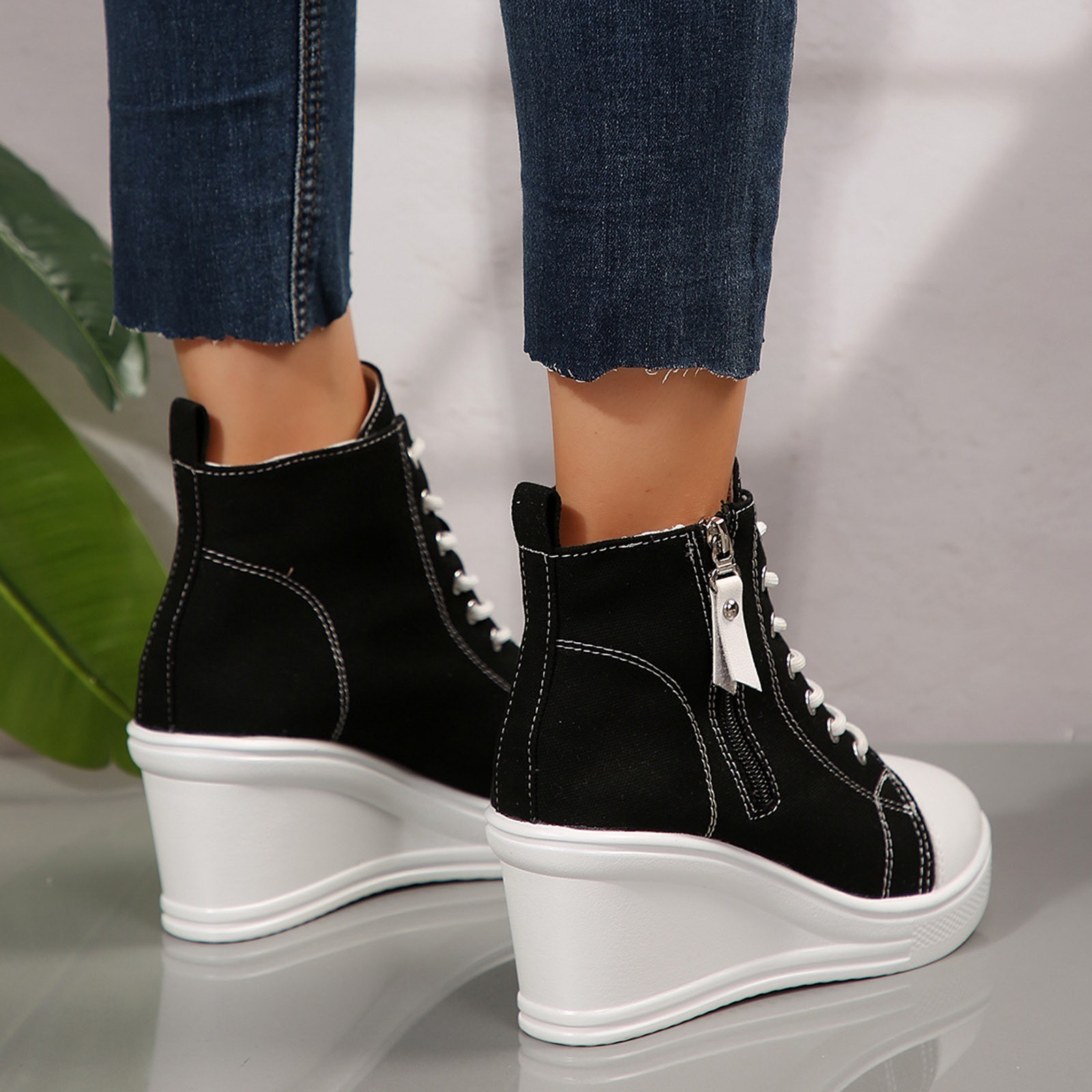 Platform Wedge High Top Fashion Sneakers for Women 2025 Spring Zipper