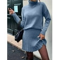 thumbnail image 4 of Womens Sweater Skirt Sets 2 Piece Outfits Ribbed Knit Mock Neck Sweater Pullovers A Line Mini Skirt Set Blue M, 4 of 8