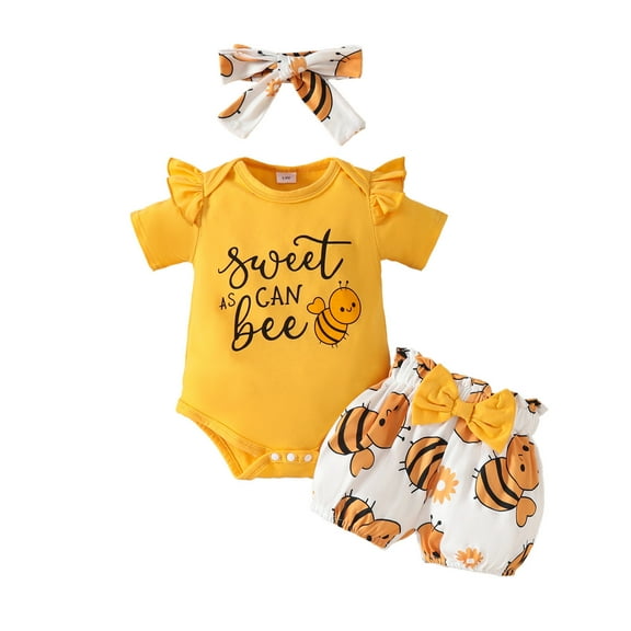 Baby Girls Outfit Sets Summer Floral Cartoon Bee Prints Crew Neck Short Sleeve Rompers Bodysuit And Shorts Two Piece Outwear,Yellow,9-12 Months