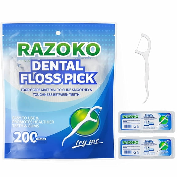 RAZOKO Dental Floss Picks High Toughness Toothpicks Sticks 200pcs with 2 Portable Cases Perfect for Family Hotel Travel