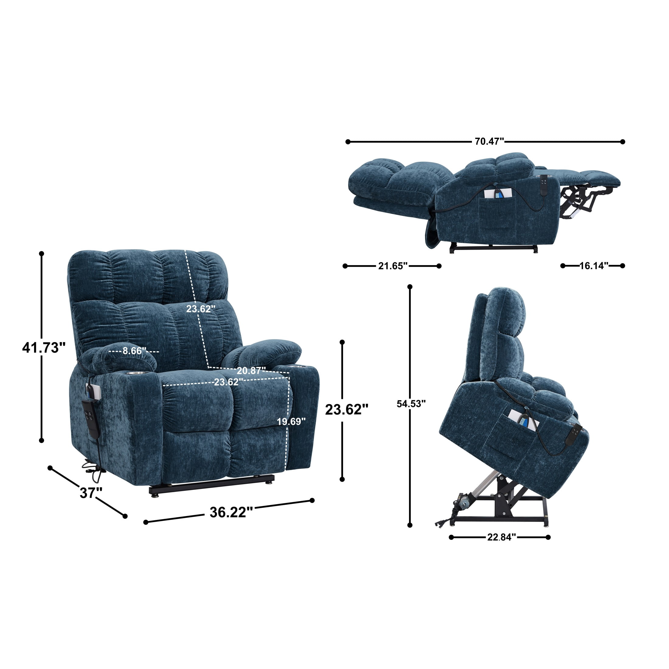 180° Lay Flat Motorized Power Lift Velvet Recliner Chair, with Massage, Blue
