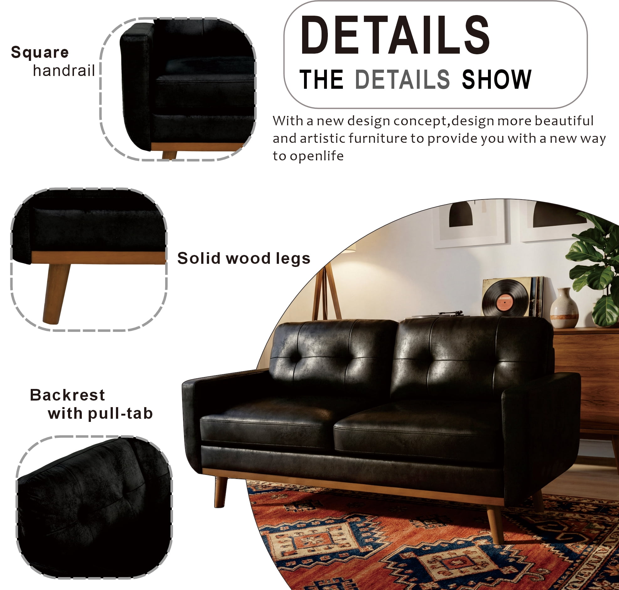 Leumius 65" Modern 2-Seater Sofa Upholstered Loveseat Sofa Couch with olid Wood Legs for Living Room,Apartment,Bedroom,Black
