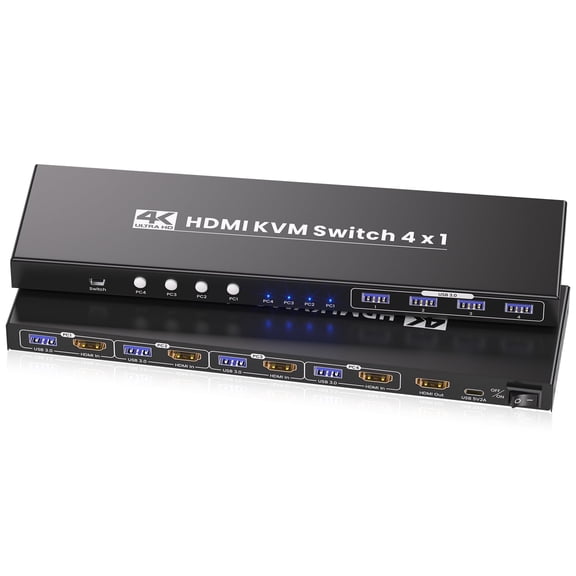 USB3.0 4K@60Hz HDMI KVM Switch 1 Monitor 4 Computers for 4 PC to Share 1 Monitor and 1 Set of Keyboard Mouse and Other USB Devices