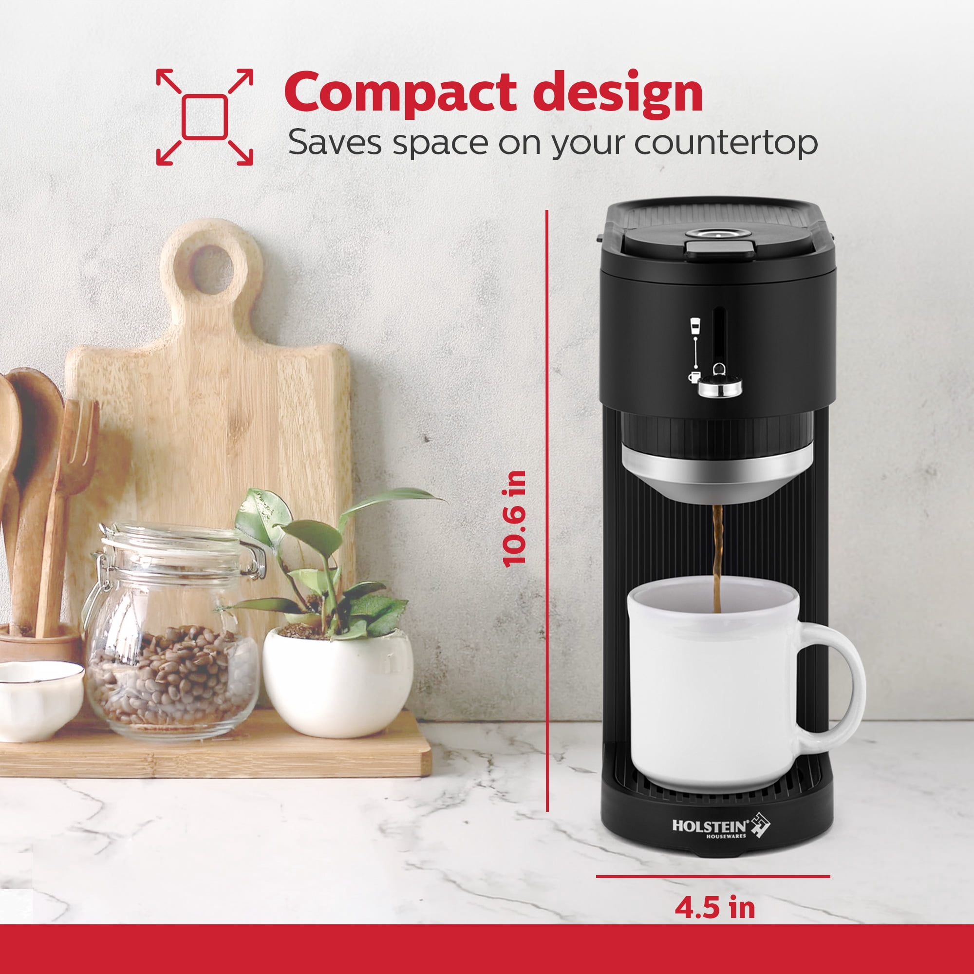Holstein Housewares 2-In-1 Single Serve Pod and Ground Coffee Maker, Compact Dual Brew Machine with Reusable Mesh Filter, Fits Small Cups and Large Mugs, Space-Saving Design, 14 oz Water Tank